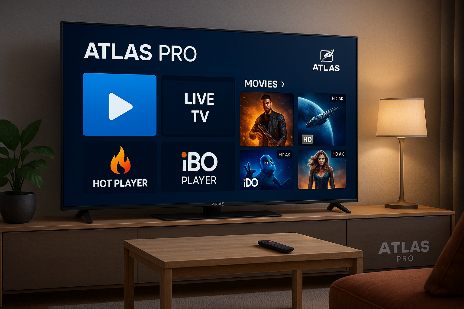 Create a professional digital illustration for a tutorial ar Atlas Pro Abonnement IPTV 4K UHD France