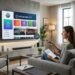 Woman on a sofa uses a remote to browse an IPTV app on a large wall-mounted TV in a modern living room.
