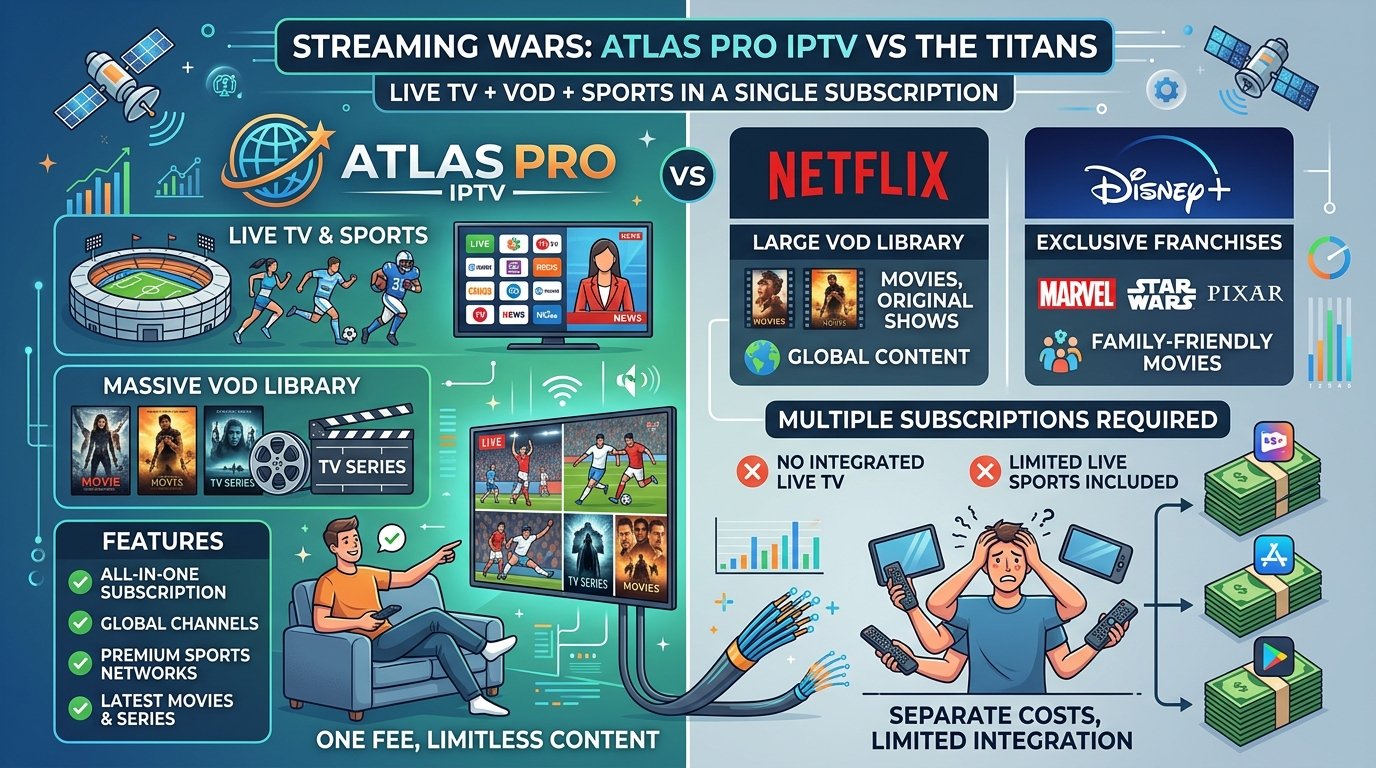Atlas Pro IPTV vs Netflix et Disney+ — TV live + VOD + sport dans un seul abonnement