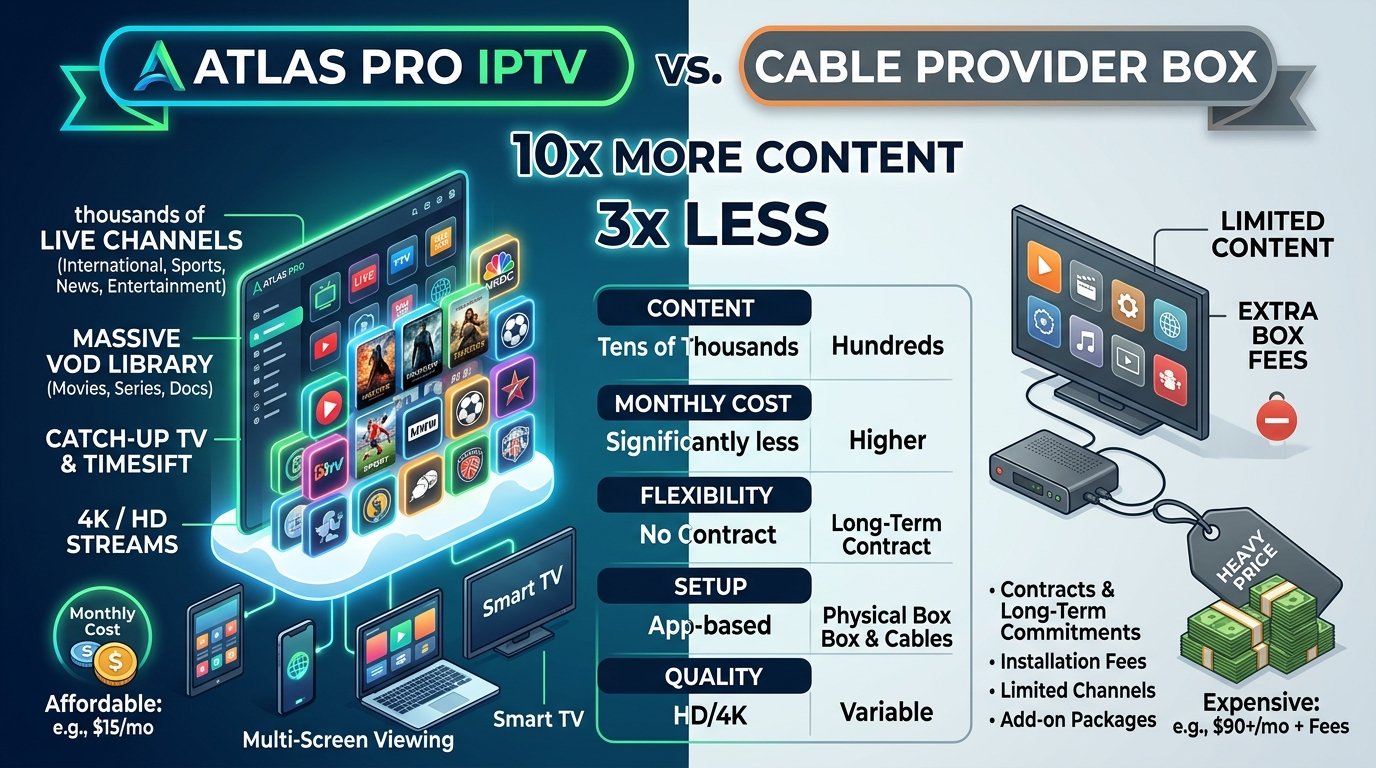 Atlas Pro IPTV vs box opérateur — 10x plus de contenu pour 3x moins cher