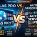 Split-screen promotional banner comparing Atlas Pro IPTV Premium vs Other IPTV Services, with a glowing globe and app icons on the left and a thumbnails wall on the right, and a central VS.