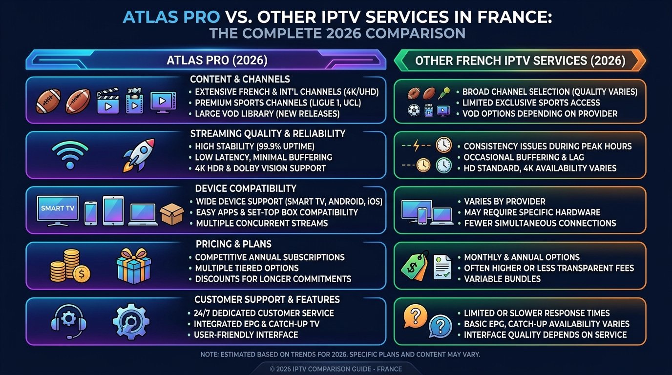 Atlas Pro vs les autres services IPTV France — le comparatif complet 2026