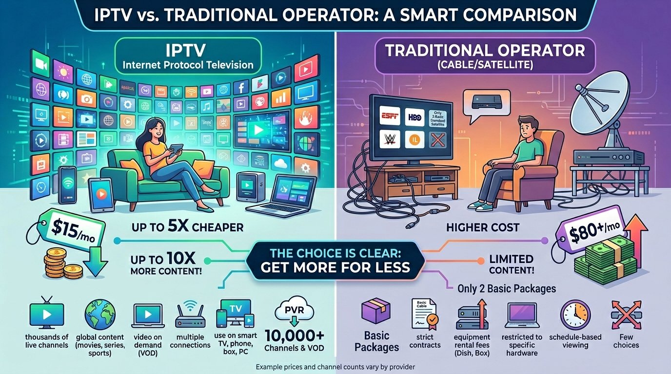 IPTV vs opérateur classique — jusqu'à 5x moins cher pour 10x plus de contenu